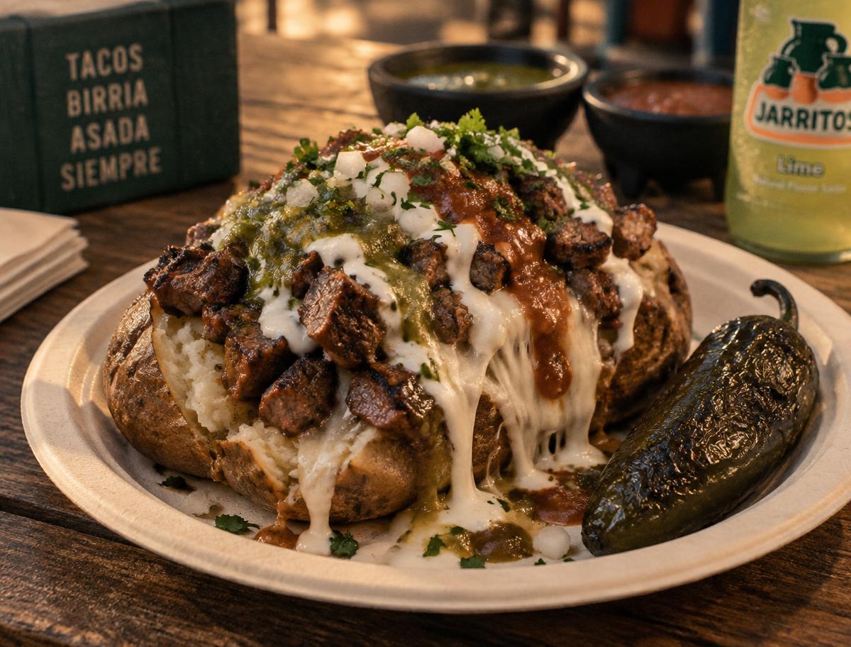 La Papa Loca — a loaded baked potato with carne asada, melted cheese, crema and salsas
