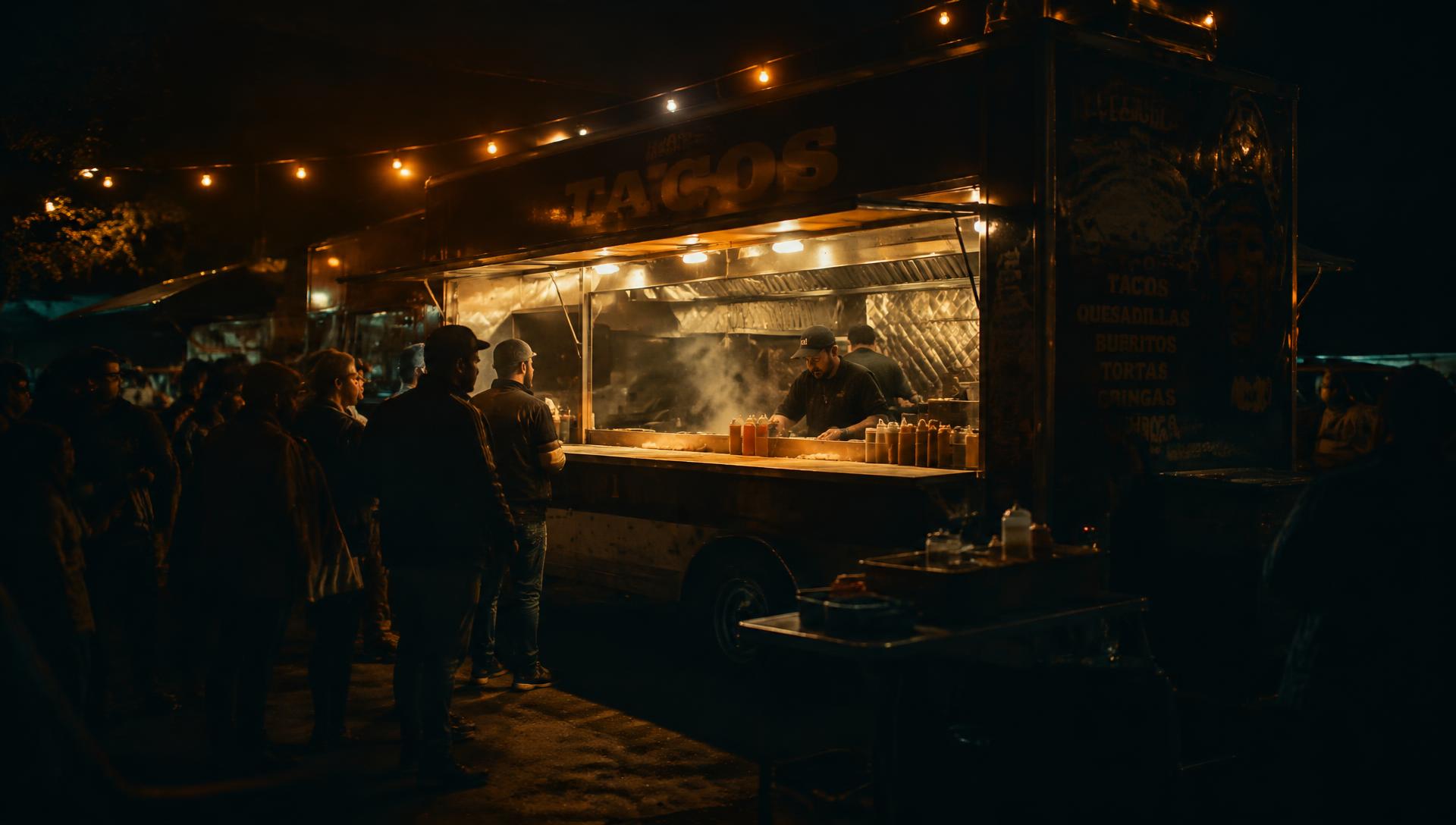 The Tacos Osuna truck serving under string lights at night